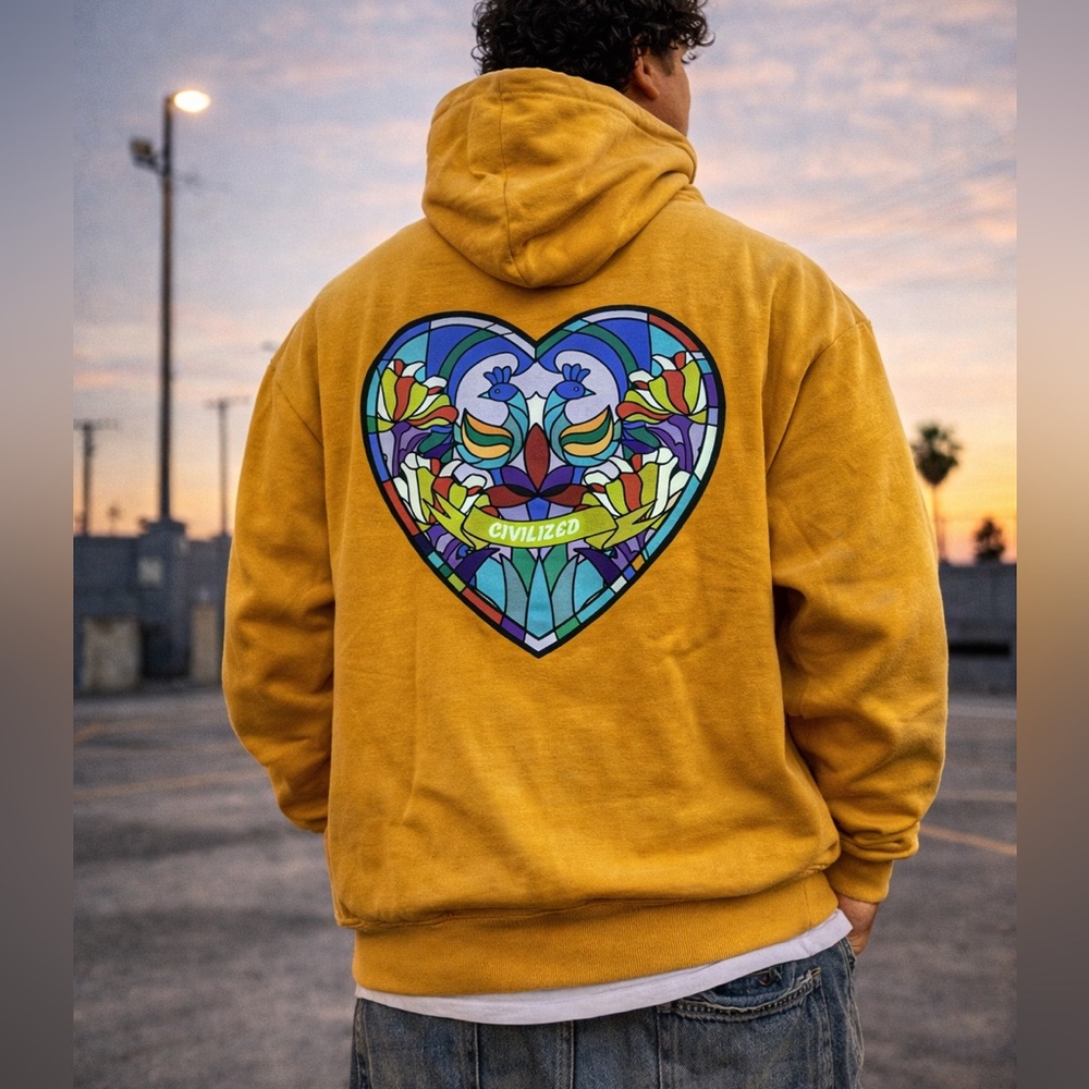 Civilized stained-glass‎ heart Graphic Pullover Hoodie men’s Size Small yellow